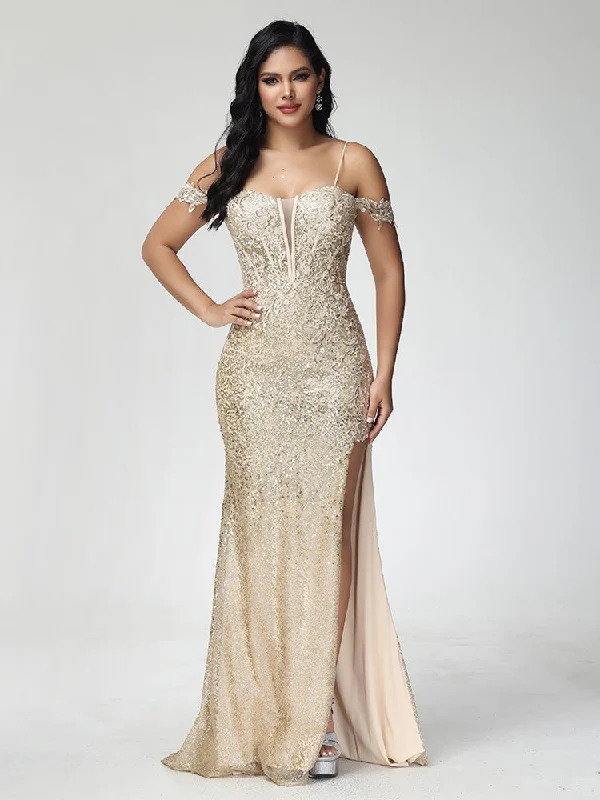 Maxi dress with adjustable straps-Sheath/Column Off the Shoulder Sequins Prom Dresses With Split