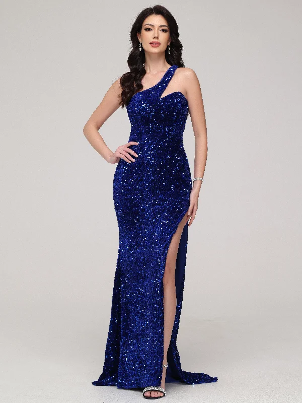 Maxi dress with backless design-Sheath/Column One-Shoulder Sequins Sweep Train Velvet Prom Dress With Split