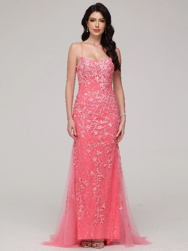 Maxi dress with bishop sleeves-Sheath/Column Spaghetti Straps Asymmetrical Sweep Train Prom Dress