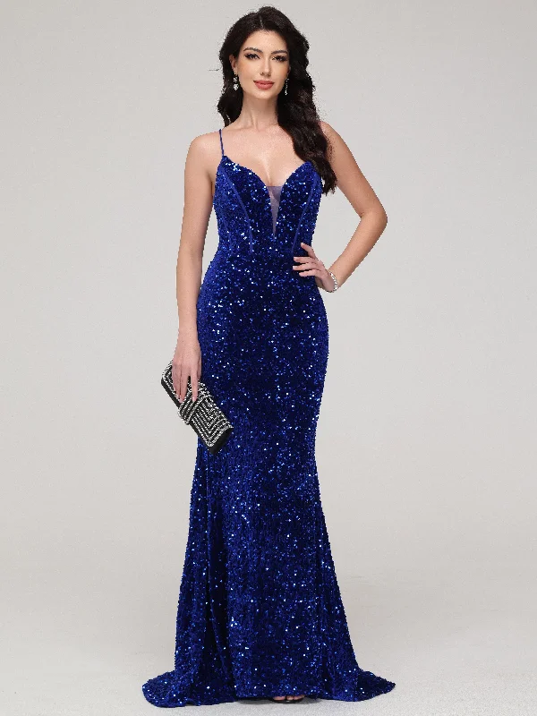 Maxi dress with bell sleeves-Sheath/Column Spaghetti Straps Sequins Sweep Train Velvet Prom Dress