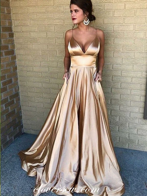 Satin finish maxi dress-Shiny Elastic Satin Spaghetti Strap A-line Prom Dresses, CP0091