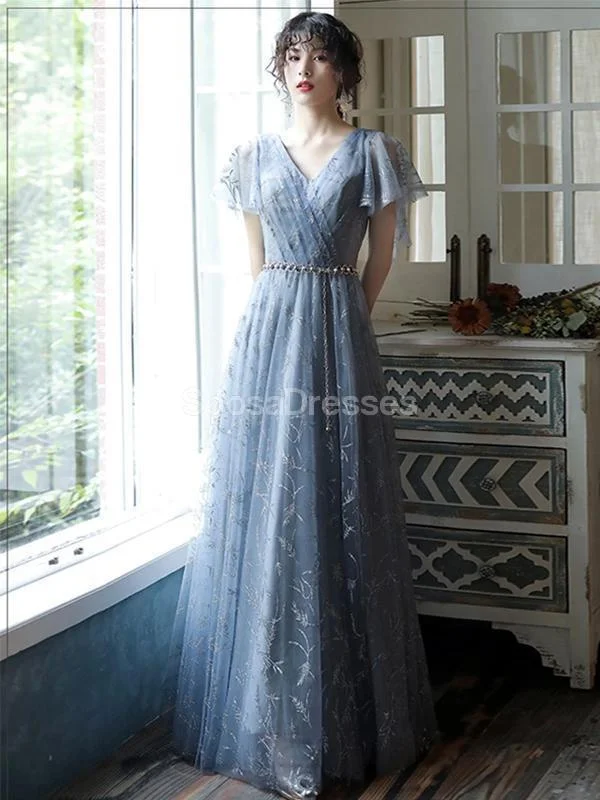 Off-shoulder casual maxi dress-Short Sleeves Grey Lace Long Evening Prom Dresses, Evening Party Prom Dresses, 12218