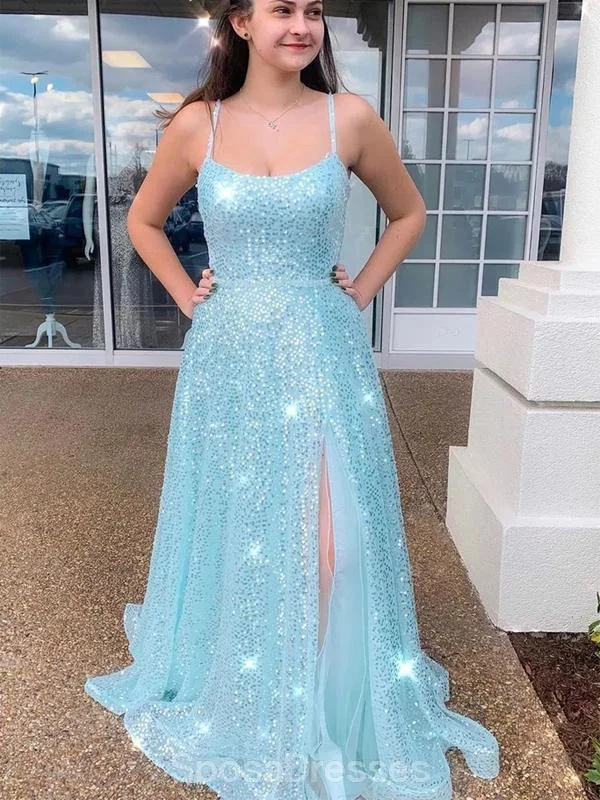 Maxi dress with floral motifs-Side Slit Cheap Tiffany Blue Sequin Evening Prom Dresses, Evening Party Prom Dresses, 12186