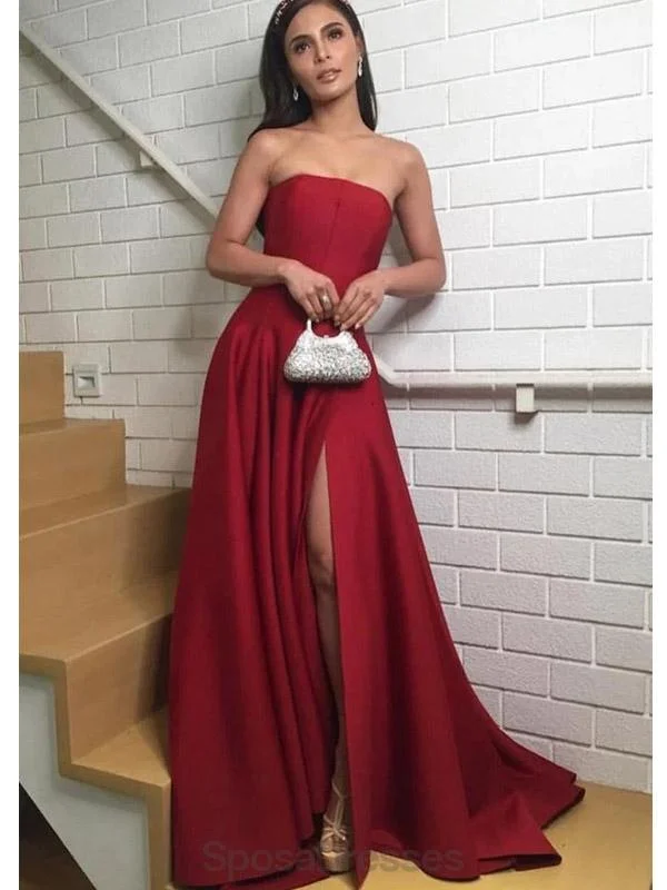 Maxi dress with split sleeves-Simple Dark Red Side Slit Long Evening Prom Dresses, Evening Party Prom Dresses, 12171