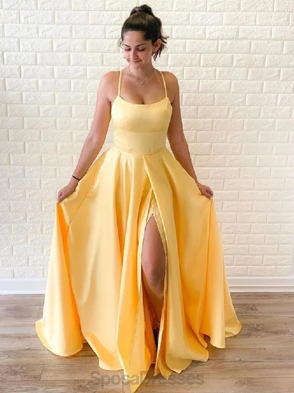 Maxi dress with beaded details-Simple Spaghetti Straps Yellow Side Slit Cheap Long Evening Prom Dresses, Evening Party Prom Dresses, 12145