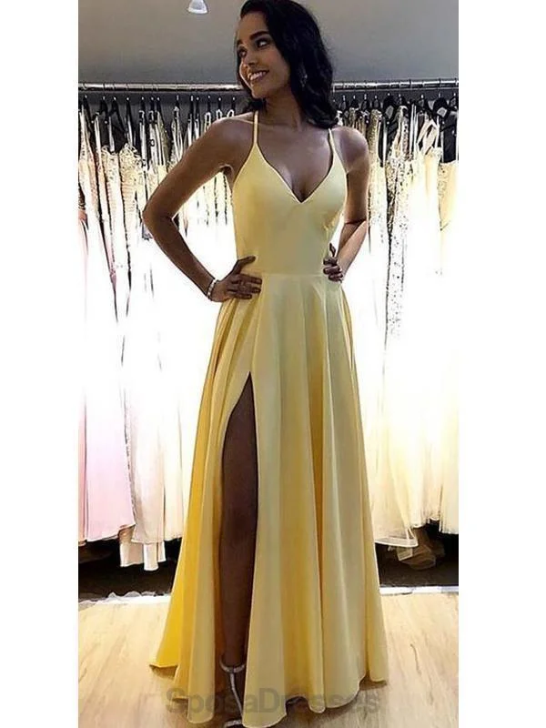 Maxi dress with botanical print-Simple V Neck Side Slit Yellow Long Evening Prom Dresses, Evening Party Prom Dresses, 12141