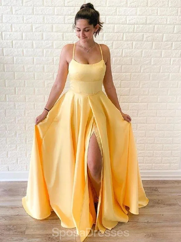 Maxi dress with asymmetrical design-Simple Yellow Side Slit A-line Spaghetti Straps Long Evening Prom Dresses, Evening Party Prom Dresses, 12195