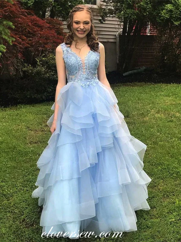 Maxi dress with botanical print-Sky Blue Organza Lace Scoop Back Ball Gown Prom Dresses, CP0066