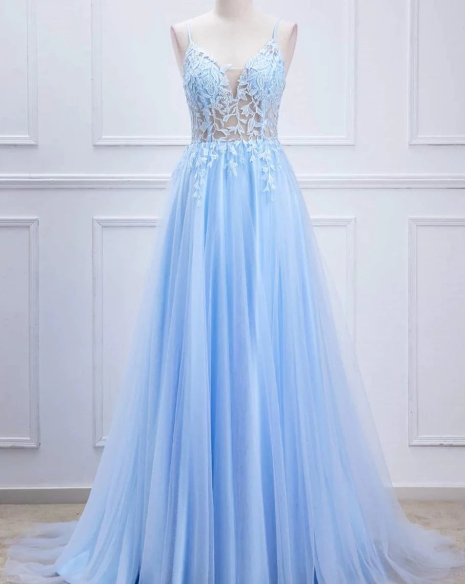 Maxi dress with beaded details-Sky Blue Prom Dresses Tulle with Lace