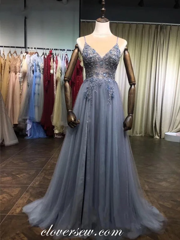 Floral embroidered maxi dress-Sky Blue Tulle Bead Spaghetti Strap A-line Prom Dresses,CP0148