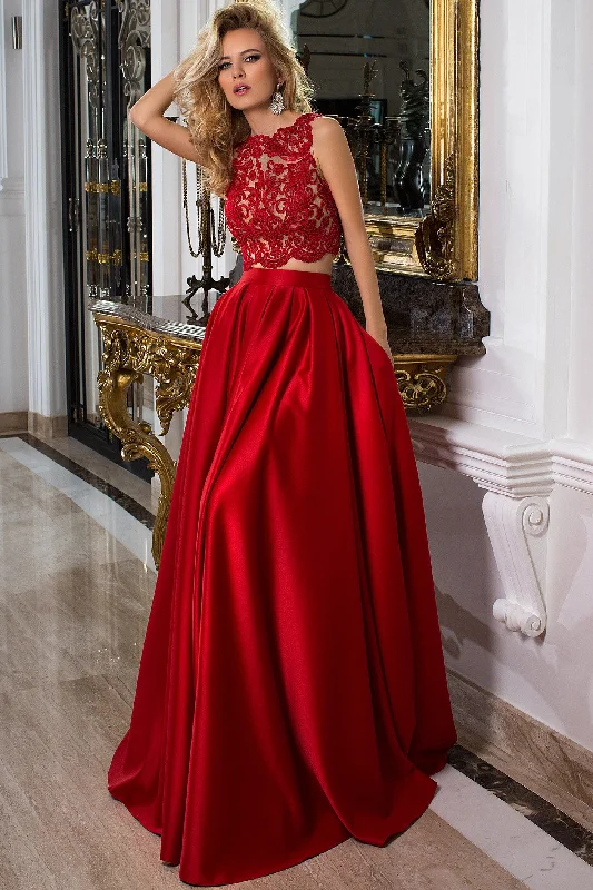 Maxi dress with bishop sleeves-Sleeveless Jewel Neck Appliqued Satin Prom Evening Dress With Illusion Back-MK_300020