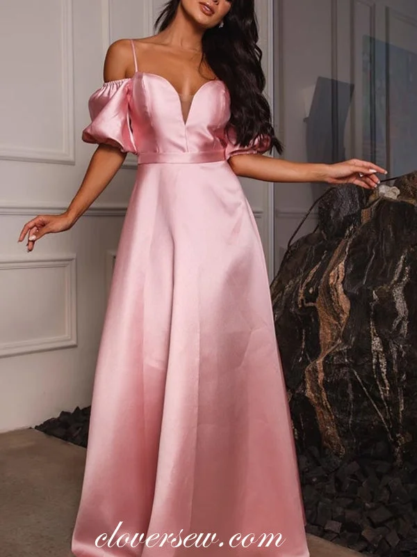 Maxi dress with retro style-Soft Pink Satin Off The Shoulder Lantern Sleeves A-line Prom Dresses,CP0319