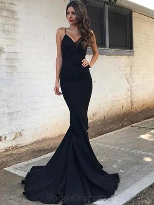 Maxi dress with tulip hem-Spaghetti Straps Black Mermaid Long Evening Prom Dresses, Evening Party Prom Dresses, 12169