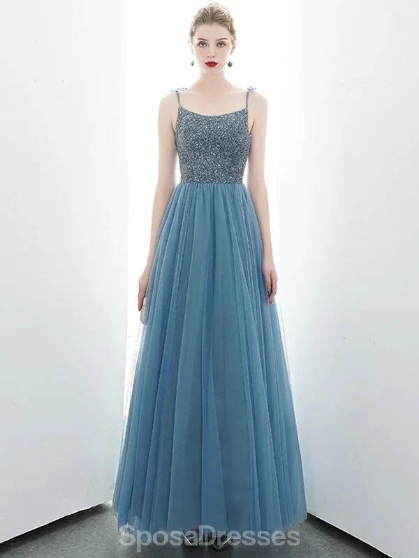 Maxi dress with ruched sides-Spaghetti Straps Dusty Blue Cheap Evening Prom Dresses, Evening Party Prom Dresses, 12176