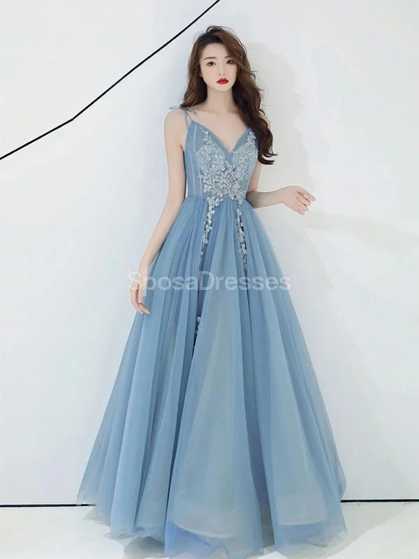 Maxi dress with vibrant colors-Spaghetti Straps Dusty Blue Long Evening Prom Dresses, Evening Party Prom Dresses, 12220