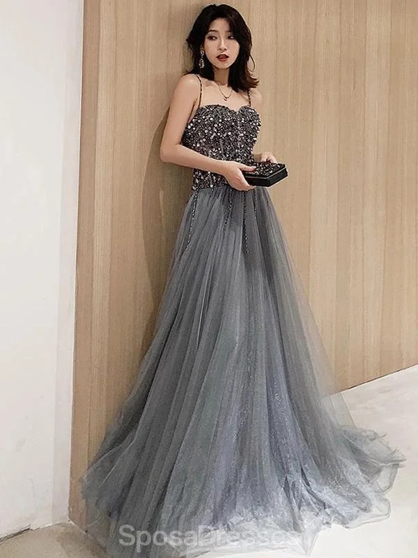 Breezy cotton maxi dress-Spaghetti Straps Grey Beaded A-line Long Evening Prom Dresses, Evening Party Prom Dresses, 12207