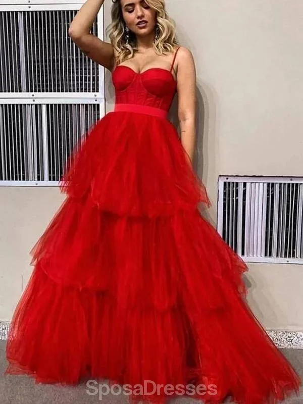 Maxi dress with knot front-Spaghetti Straps Red Ruffle A-line Tulle Long Evening Prom Dresses, Evening Party Prom Dresses, 12181