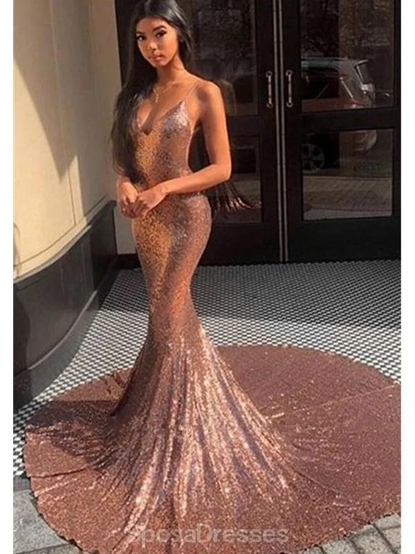 Tie-waist maxi dress for comfort-Spaghetti Straps Rose Gold Mermaid Evening Prom Dresses, Evening Party Prom Dresses, 12212