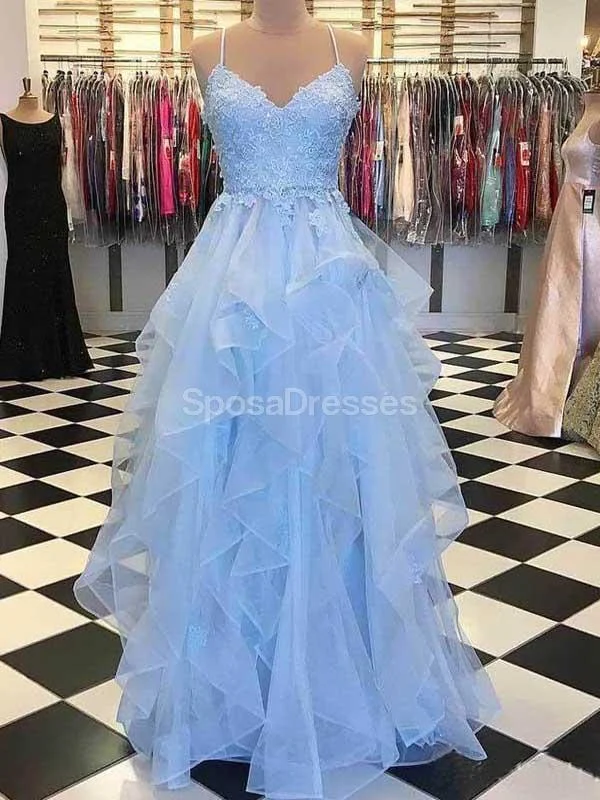 Maxi dress with side pockets-Spaghetti Straps Ruffle Blue Long Evening Prom Dresses, Evening Party Prom Dresses, 12227