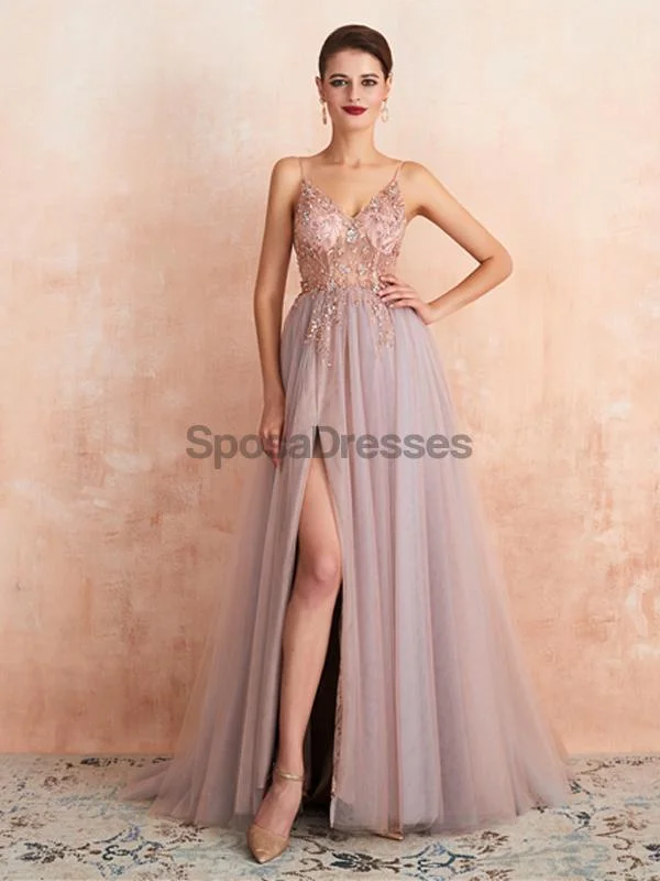 Maxi dress with elastic waist-Spaghetti Straps See Through Beaded A-line Long Evening Prom Dresses, Evening Party Prom Dresses, 12135