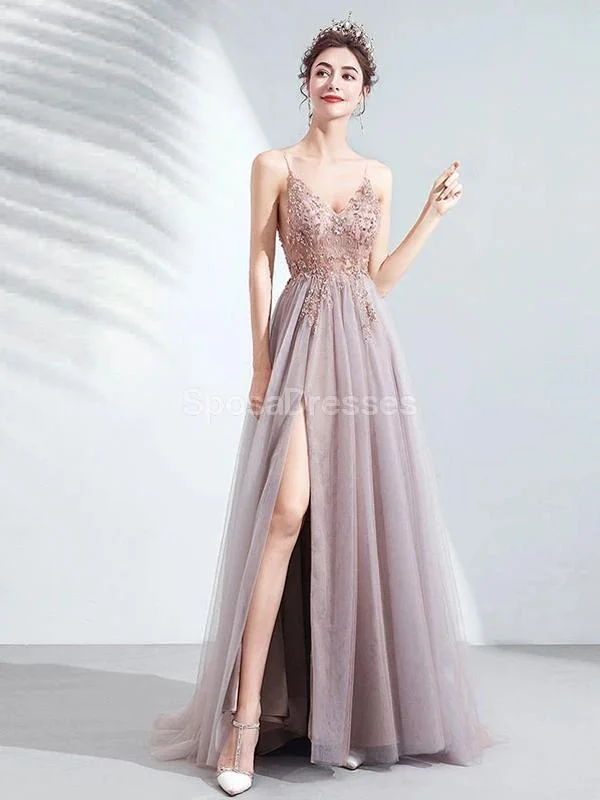 Sequin embellished maxi dress-Spaghetti Straps See Through Side Slit Long Evening Prom Dresses, Evening Party Prom Dresses, 12215