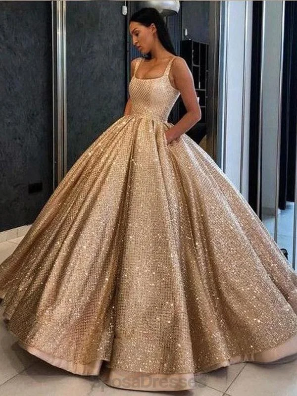 Velvet texture maxi dress-Square Neck Sequin Tulle Ball Gown Gold Evening Prom Dresses, Evening Party Prom Dresses, 12158