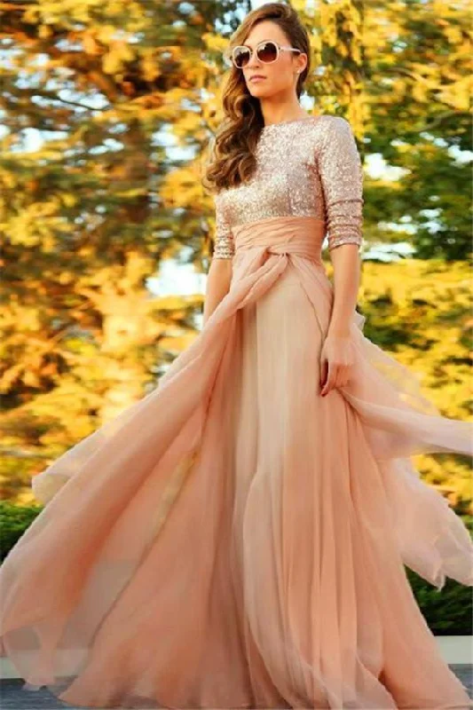 Maxi dress with metallic threads-Stunning Sequins Long 2016 Evening Dress Half Sleeves Prom Gown-319003