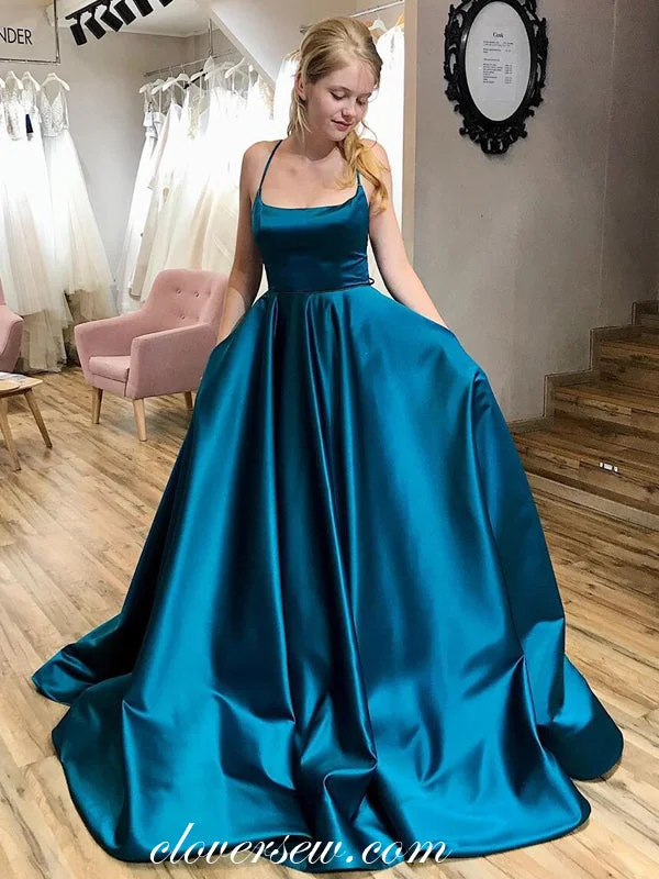 Maxi dress with high split-Teal Satin Spaghetti Strap Lace Up Back A-line Prom Dresses,CP0256