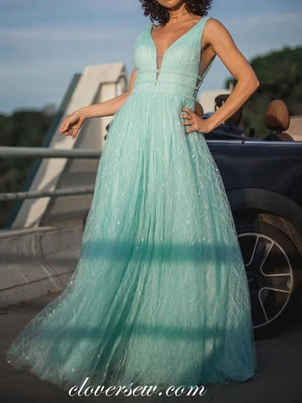 Maxi dress with side pockets-Tiffany Blue Lace Sleeveless A-line Prom Dresses,CP0312