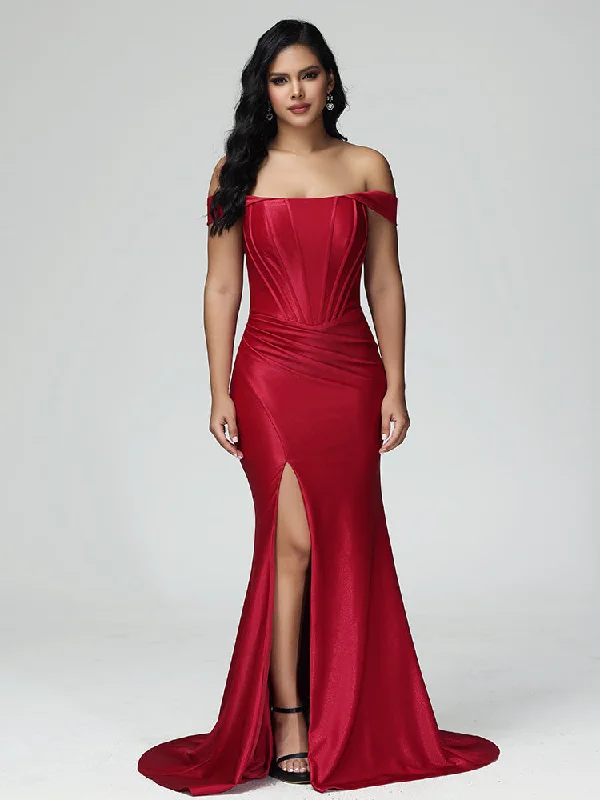 Boho-inspired maxi dress-Trumpet/Mermaid Off the Shoulder Pleats Satin Prom Dresses