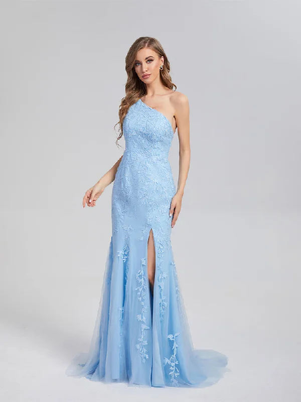 Maxi dress with bishop sleeves-Trumpet/Mermaid One Shoulder Prom Dresses with Trailing