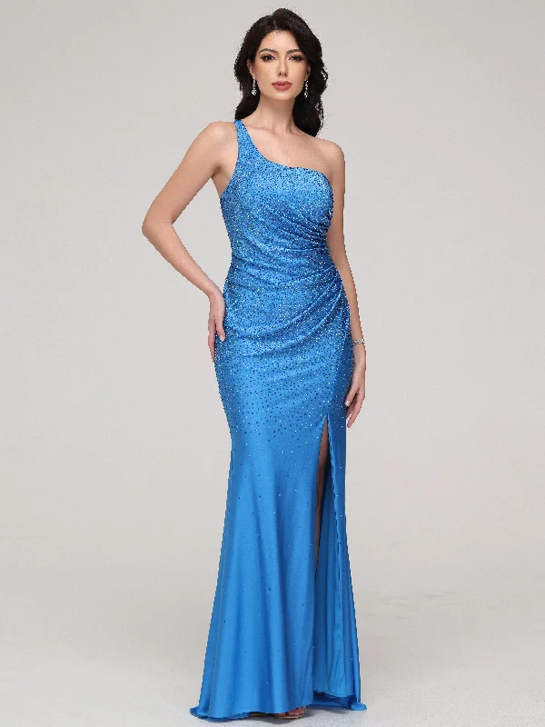 Maxi dress with cap sleeves-Trumpet/Mermaid One-Shoulder Ruched Sweep Train Prom Dress With Split