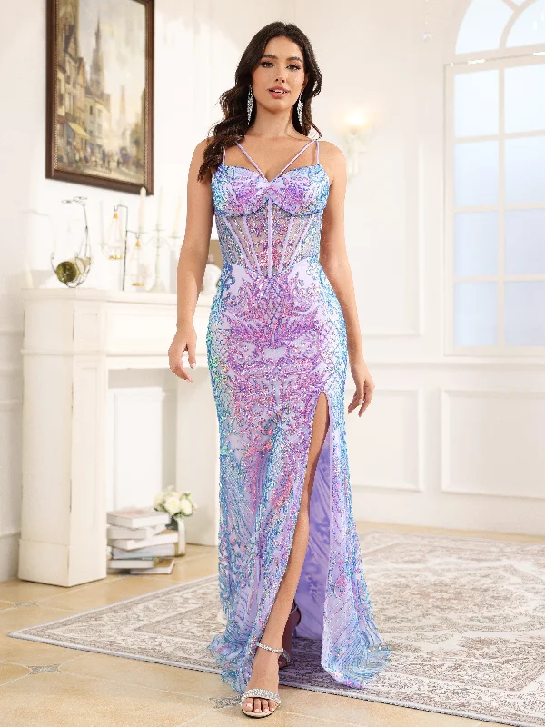 Maxi dress with high neckline-Trumpet/Mermaid Spaghetti Straps Sweep Train Prom Dress