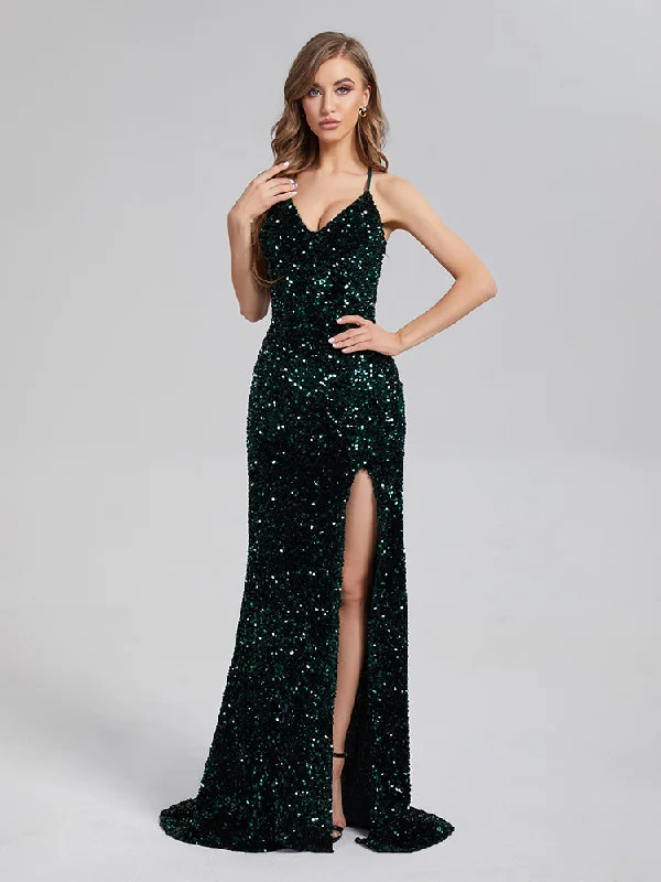 Maxi dress with beaded details-Trumpet/Mermaid Sparkly V-neck Backless Sequins Prom Dresses With Split