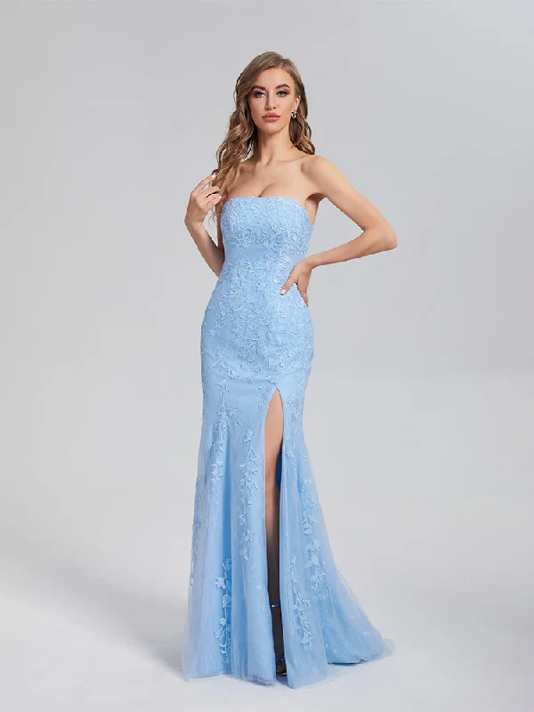 Maxi dress with bishop sleeves-Trumpet/Mermaid Strapless Appliques Lace Prom Dresses