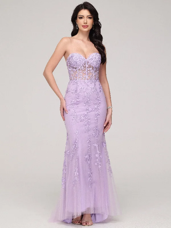 Ruffled hem maxi dress-Trumpet/Mermaid Strapless Tulle Appliques Sweep Train Prom Dress