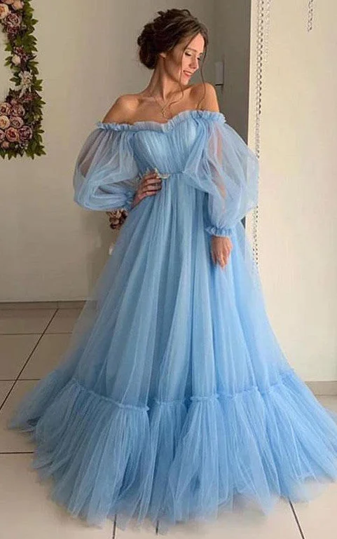 Maxi dress with shirred bodice-Tulle Floor-length Brush Train Ball Gown Long Sleeve Ethereal Prom Dress with Ruffles-334282