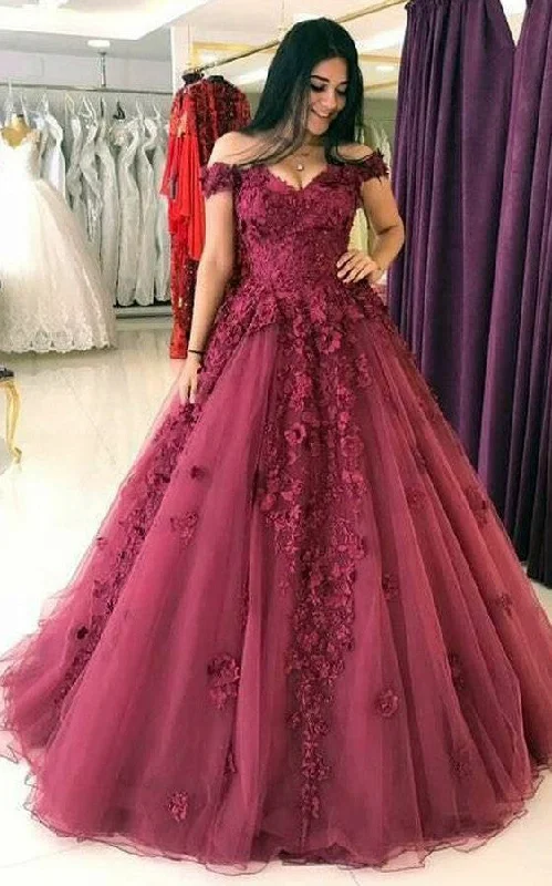 Maxi dress with side zippers-Tulle Floor-length Brush Train Ball Gown Sleeveless Modern Prom Evening Dress with Appliques-334292