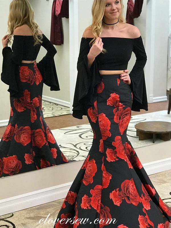 Maxi dress with nautical theme-Two Piece Black Red Floral Satin Long Sleeves Mermaid Prom Dresses, CP0048