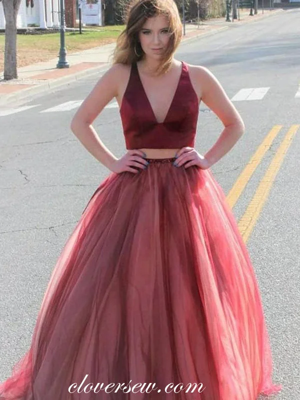 Maxi dress with peplum detail-Two Piece Burgundy Satin Tulle A-line Prom Dresses, CP0114