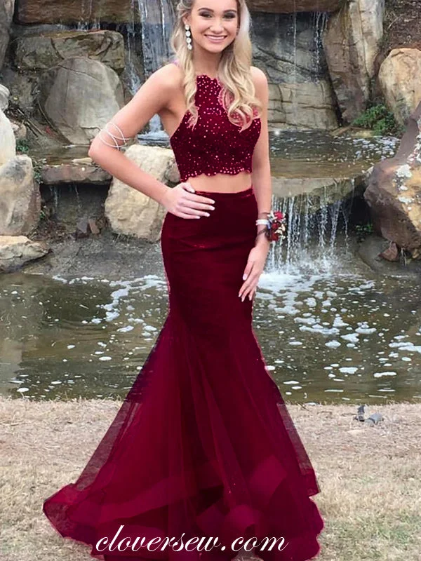 Maxi dress with frilly neckline-Two Piece Burgundy Tulle Beaded Lace Top Mermaid Prom Dresses , CP0055