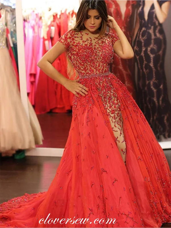 Maxi dress with retro style-Two Piece Detachable Red Bead Short Sleeves Prom Dresses, CP0046