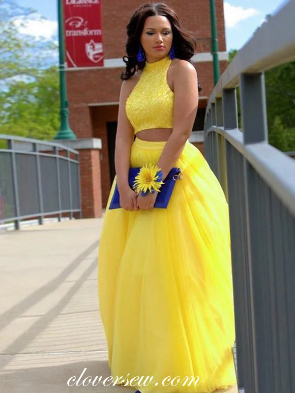 Maxi dress with asymmetrical design-Two Piece Yellow Tulle Sleeveless A-line Prom Dresses, CP0072