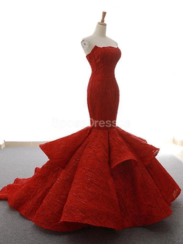 Ruffled hem maxi dress-Unique Lace Red Mermaid Long Evening Prom Dresses, Evening Party Prom Dresses, 12261