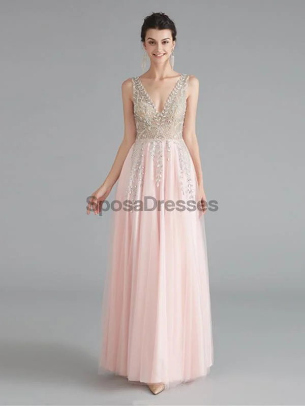 Maxi dress with side drawstrings-V Neck Chiffon Heavily Beaded Pink Evening Prom Dresses, Evening Party Prom Dresses, 12122