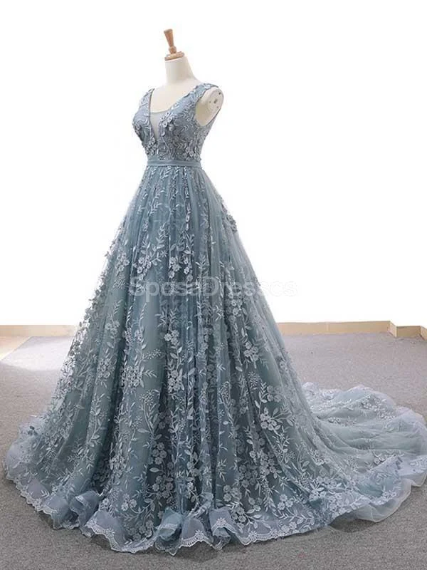 Maxi dress with ruched sides-V Neck Dusty Blue Lace Long Evening Prom Dresses, Evening Party Prom Dresses, 12230