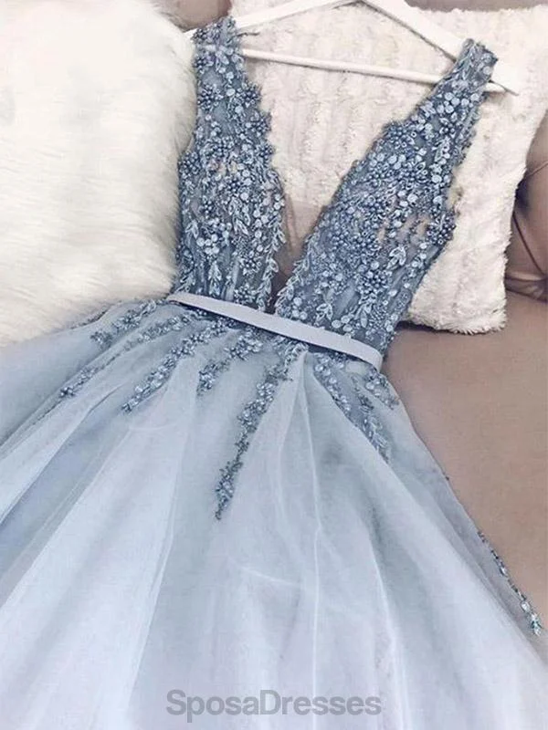 Pleated skirt maxi dress-V Neck Light Blue Beaded Cheap Evening Prom Dresses, Evening Party Prom Dresses, 12166