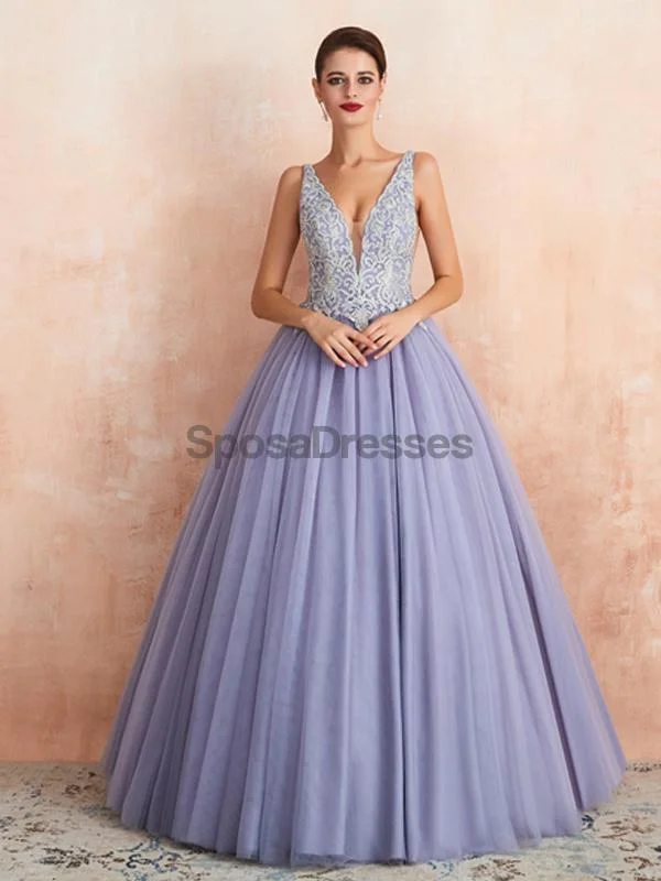 Maxi dress with flutter sleeves-V Neck Lilac Lace Beaded A-line Long Evening Prom Dresses, Evening Party Prom Dresses, 12133