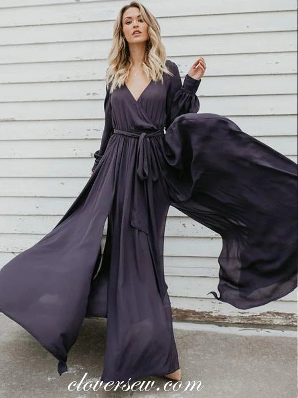 Maxi dress with cascading ruffles-V-neck Long Sleeves Chiffon High Slit Prom Dresses,CP0002