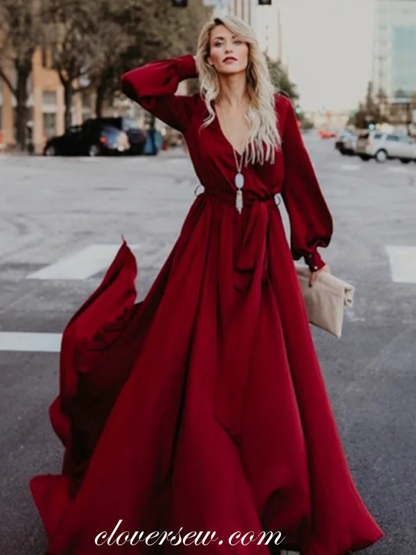 Maxi dress with braided belt-V-neck Long Sleeves Deep Red Chiffon High Slit Prom Dresses,CP0004